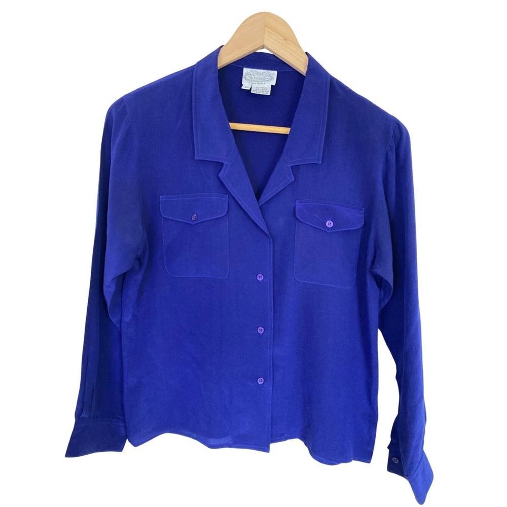 Vtg The Villager Purple Button-Front Silk Blouse Size 6P Long Sleeve Classic